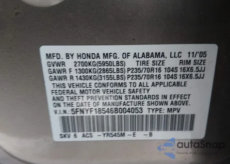2006 Honda Pilot Ex-L z USA, uszkodzony, nr VIN 5FNYF18546B004053